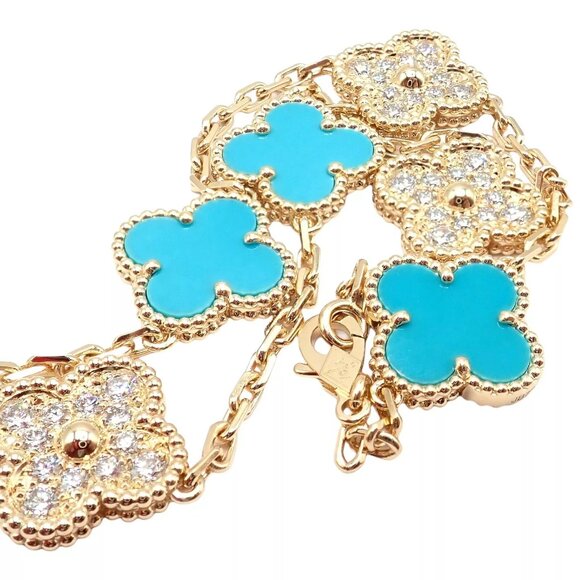 Van Cleef & Arpels 18k Yellow Gold 20 Motif Alhambra Diamond Turquoise Necklace - Picture 10 of 16